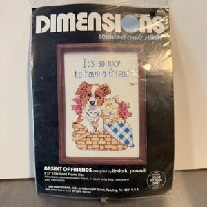 Dimensions Counted Cross Stitch Kit Basket of Friends Cat Puppy 6540 Vintage New